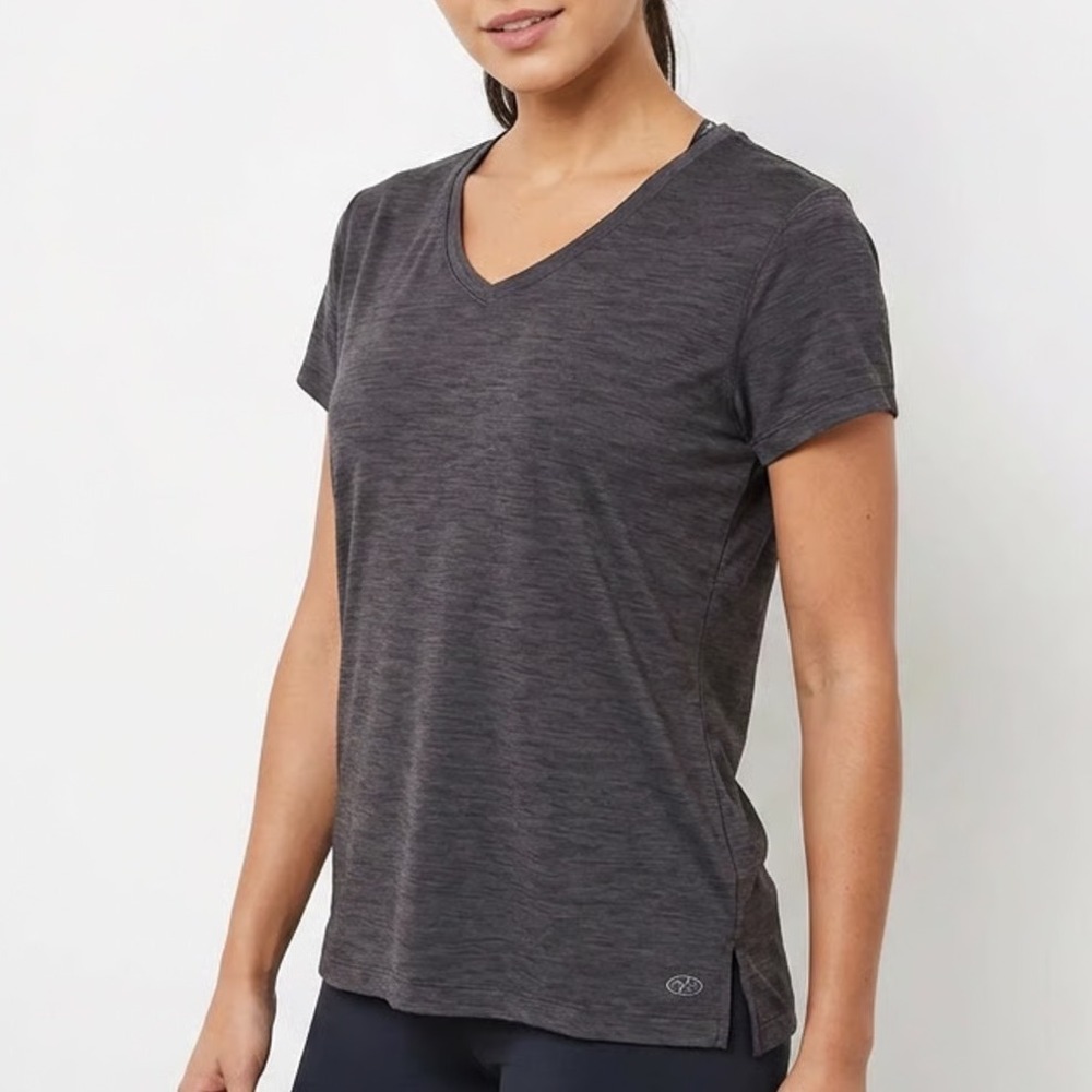 NYL Sport Womens Charcoal Heather Grey V-Neck Short Sleeve Activewear Top Size L